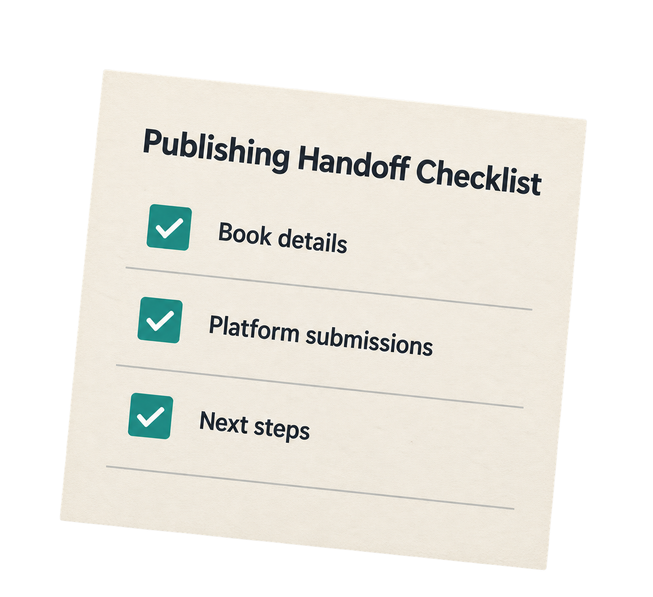Publishing handoff checklist covering book details, platform submissions, and next steps.